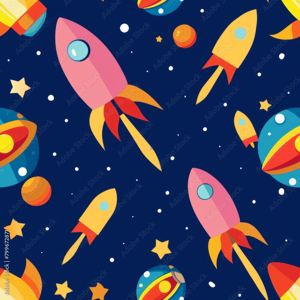 Seamless pattern of cosmic rocket ship lollipops blasting off into the unknown, Generative AI Seamless pattern of cosmic rocket ship lollipops blasting off into the unknown, Generative AI
