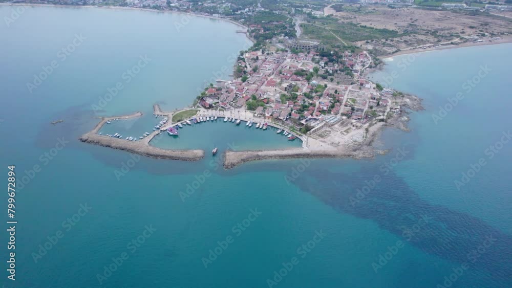antalya side ancient city aerial drone video blue sea cloudy sky settlement port and peninsula