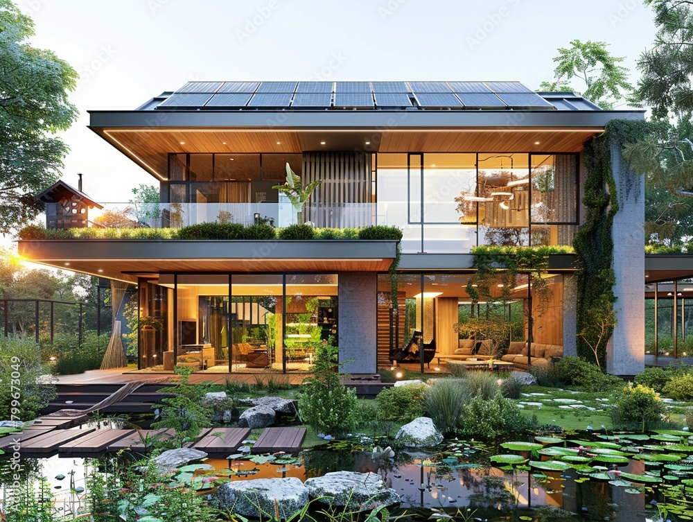 Image showcasing Design a visually captivating long shot showcasing a modern eco ...