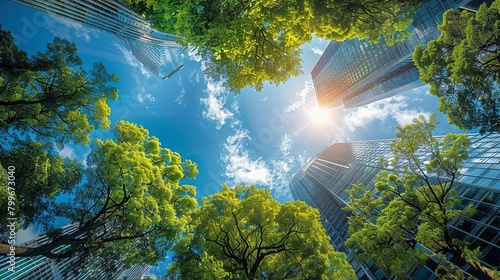 Design a striking image from a low-angle perspective showcasing diverse environmental policies impacting global climate goals Highlight the contrast of nature and urban development to convey