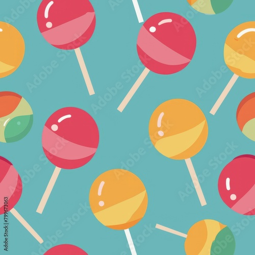 Seamless pattern of fruity-flavored lollipops wrapped in shiny cellophane, Generative AI  © fahmy