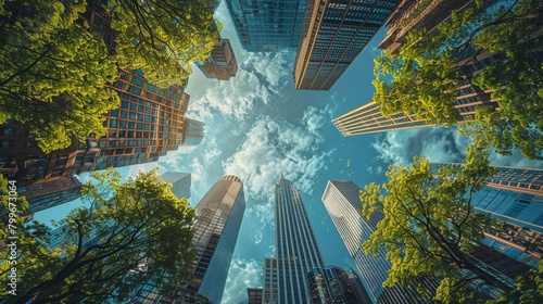 Design a striking image from a low-angle perspective showcasing diverse environmental policies impacting global climate goals Highlight the contrast of nature and urban development to convey