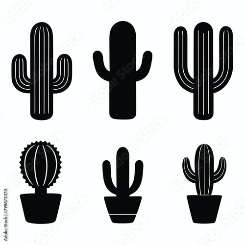 A collection of six black cactus silhouettes and icons, featuring various shapes and designs, including potted variations, against a plain white background.