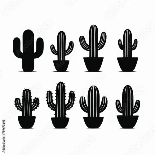 Silhouette of various potted cactus plants illustrating diverse shapes and textures.