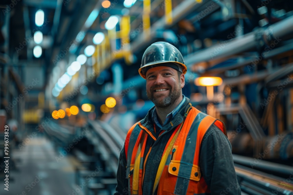 Smiling Worker in Industrial Setting Smiling Worker in Industrial Setting
