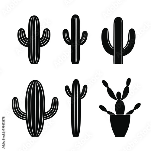 Black silhouette collection of various cactus shapes, depicting different styles in a minimalistic design.