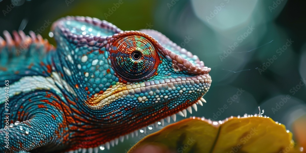 Obraz premium A brightly colored chameleon is perched on a leaf, looking out at the world with its big, round eyes. AI.