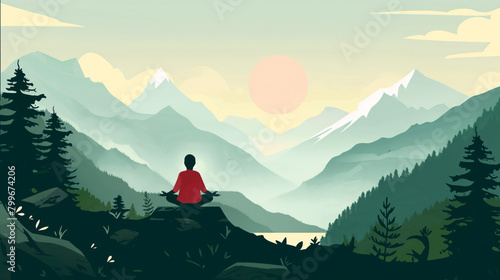 A serene illustration showcasing a person meditating in a quiet mountainous region during sunrise