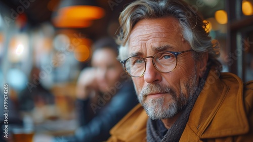 Mature Man in Contemplation at Cozy Cafe. Portrait of a mature man with glasses looking pensive in a warm and cozy cafe ambiance, evoking introspection and comfort. photo