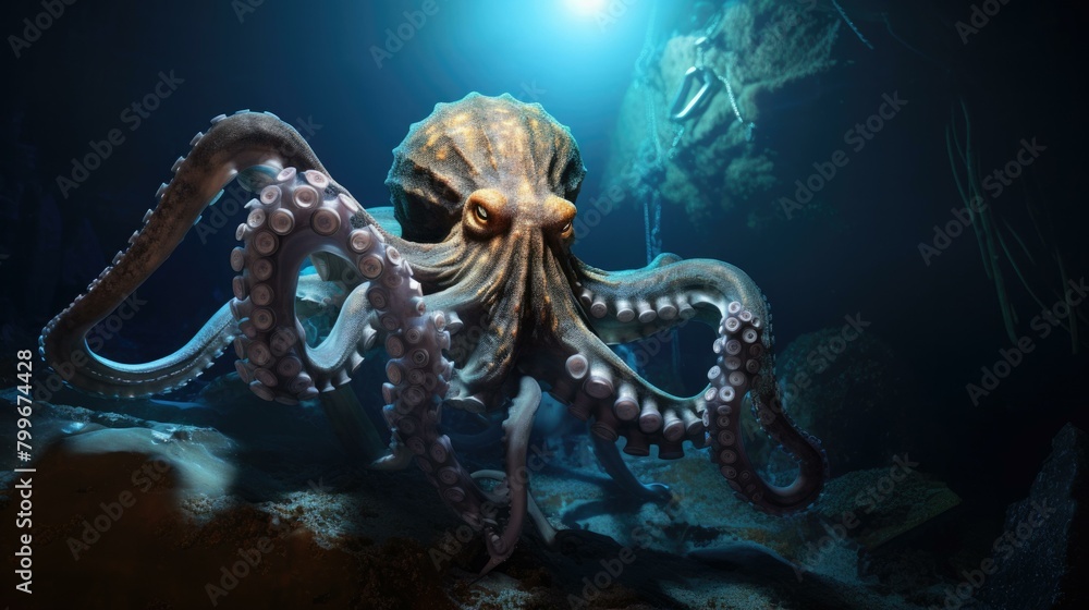 A octopus lurks in the depths of the ocean. AI. A octopus lurks in the depths of the ocean. AI.