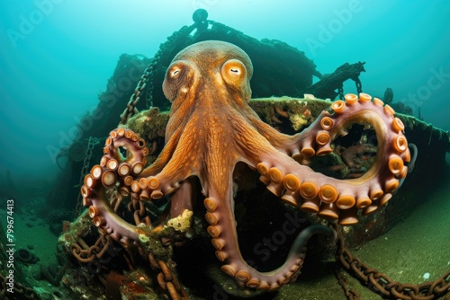A close up of an octopus staring at the camera with a shipwreck in the background. AI.