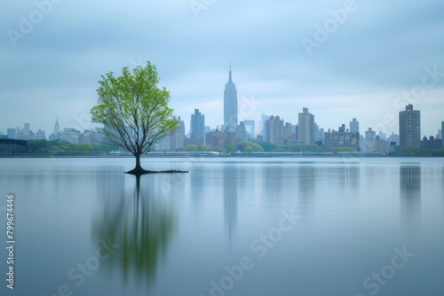 Minimalist cityscapes with a focus on the natural elements that coexist within urban environments, such as parks, trees, and waterfronts, against a simple sky backdrop.  #799674446