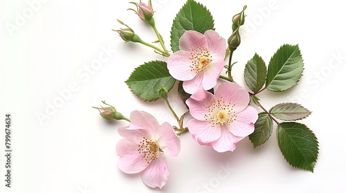 A pink wild rose branch in bloom, with green foliage and bloom buds is depicted over a white setting nicely adorned lovely flower and space, Generative AI.