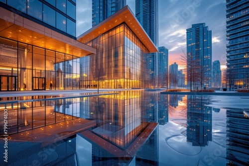 A modern glass and steel office building with a reflecting pool in front of it. AI.
