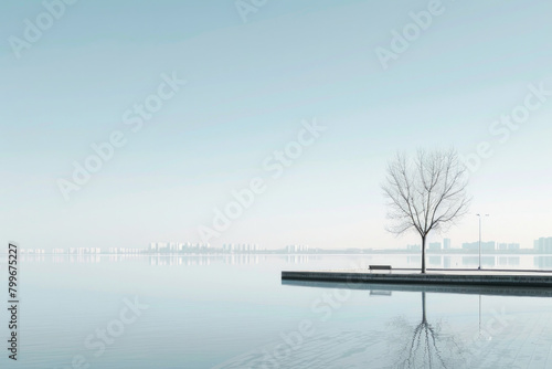 Minimalist cityscapes with a focus on the natural elements that coexist within urban environments, such as parks, trees, and waterfronts, against a simple sky backdrop.  © grey