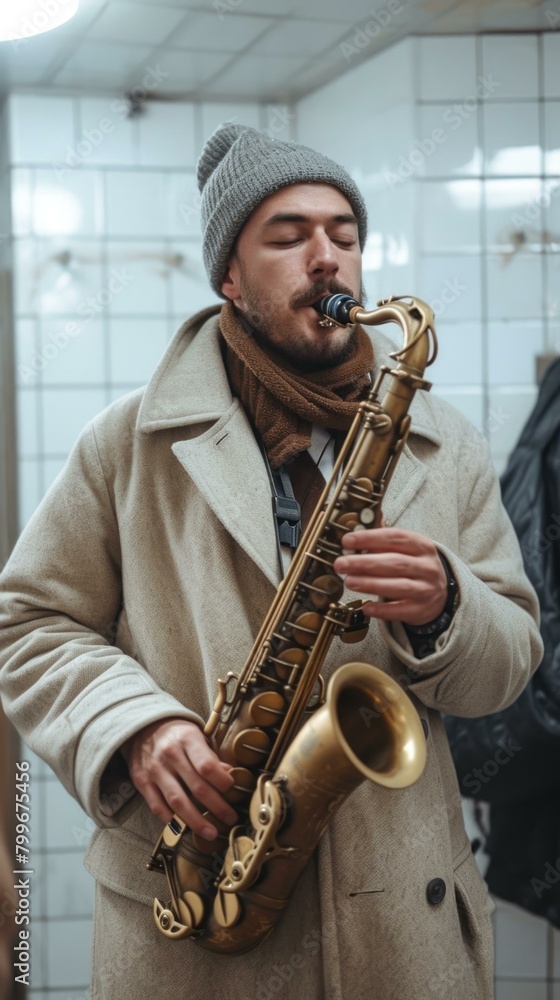 Naklejka premium A musician plays the saxophone in a subway station. AI.