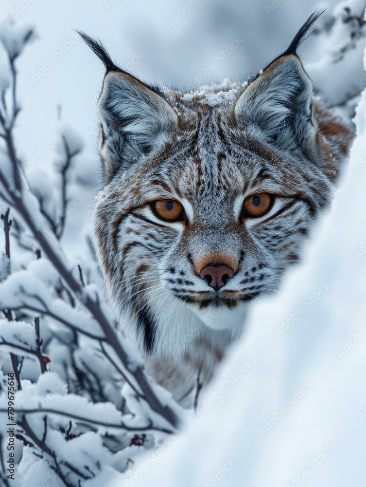Obraz premium A lynx stares out from behind a snow-covered branch. AI.