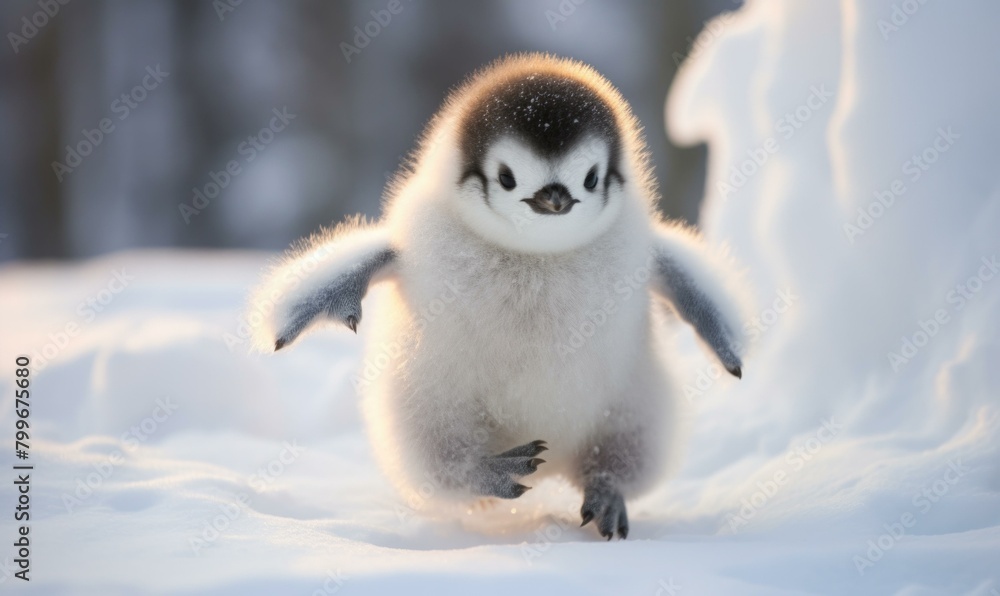Obraz premium A baby penguin walks on the snow. AI.