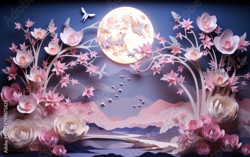 Pink and purple flowers and butterflies in front of a full moon. AI.