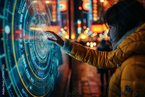 A woman in a yellow jacket touches a futuristic touch screen. AI.