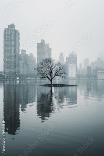 Minimalist cityscapes with a focus on the natural elements that coexist within urban environments, such as parks, trees, and waterfronts, against a simple sky backdrop. 