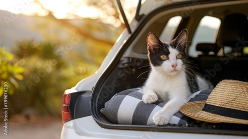 Summer road trip with pet, A cat sitting in car trunk with luggage ready for a vacation trip