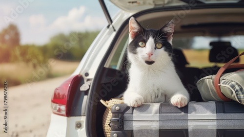 Summer road trip with pet, A cat sitting in car trunk with luggage ready for a vacation trip photo