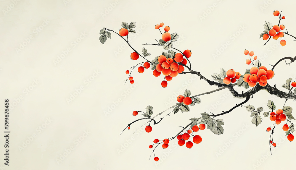 Fototapeta premium Red flowers on a branch on a light background. Traditional Chinese painting. Banner