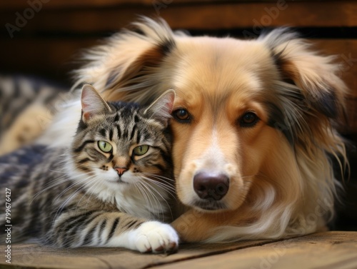 A cat and a dog are lying together on a wooden floor. AI. © serg3d