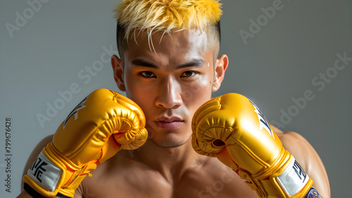 Dynamic Yellow Muay Thai Athlete's Asian Essence, Confident Combat Fighter's Locks, Athletic Strength Yellow-Haired Asian in Muay Thai, Fierce Fighter Asian Muay Thai Athlete with Yellow Hair