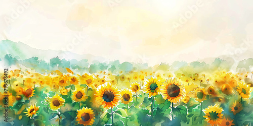Surreal green and orange sunflower field oil painting. Summer banner.