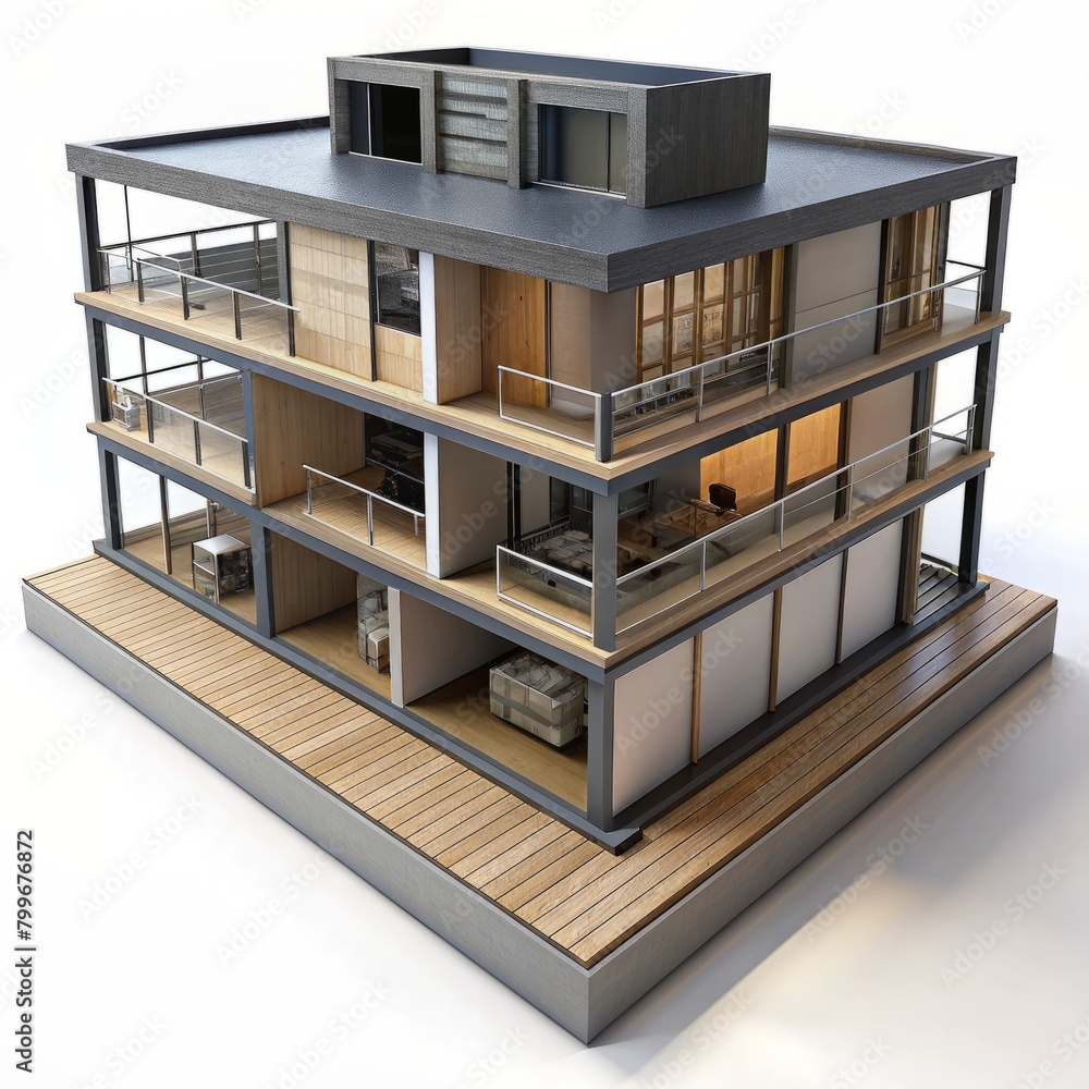 3D Render of a mixed-use residential building with ground-floor retail spaces and upper-level apartments, on isolated white background, Generative AI 3D Render of a mixed-use residential building with ground-floor retail spaces and upper-level apartments, on isolated white background, Generative AI