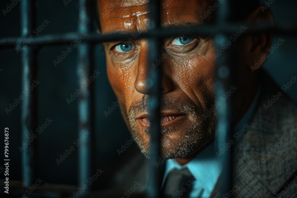 Close-up portrait of a sad mature man in a cage. Close-up portrait of a sad mature man in a cage.