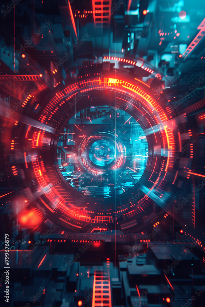 Obraz premium abstract futuristic tech circle in focus, red and blue digital elements, data stream, energy source, technological progress , photorealistic // ai-generated 