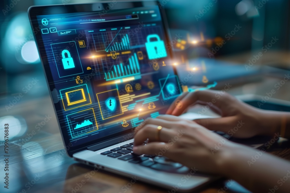 Cyber Security Concept on Laptop Screen. Visual metaphor for cyber security, displaying a laptop screen with lock icons and digital protection symbols. Cyber Security Concept on Laptop Screen. Visual metaphor for cyber security, displaying a laptop screen with lock icons and digital protection symbols.