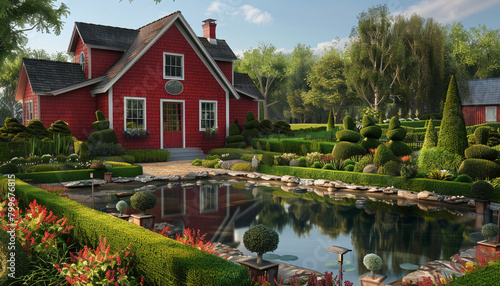 Cape Cod style vacation home in vibrant ruby red, with a well-manicured topiary garden and a small reflecting pool.