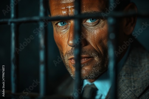 Close-up portrait of a sad mature man in a cage.