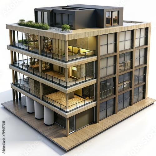 3D Render of a mixed-use residential building with ground-floor retail spaces and upper-level apartments, on isolated white background, Generative AI