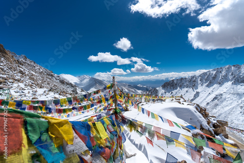 The beautiful views of Colorful prayer flags Norther part of Ladakh India.