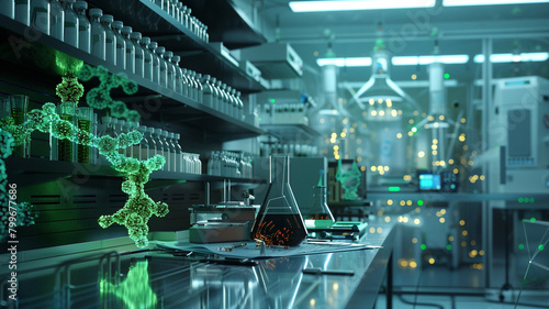 Detailed image of a laboratory exploring synthetic biology for environmental cleanup, highlighting gene circuits and microbial systems 32k,