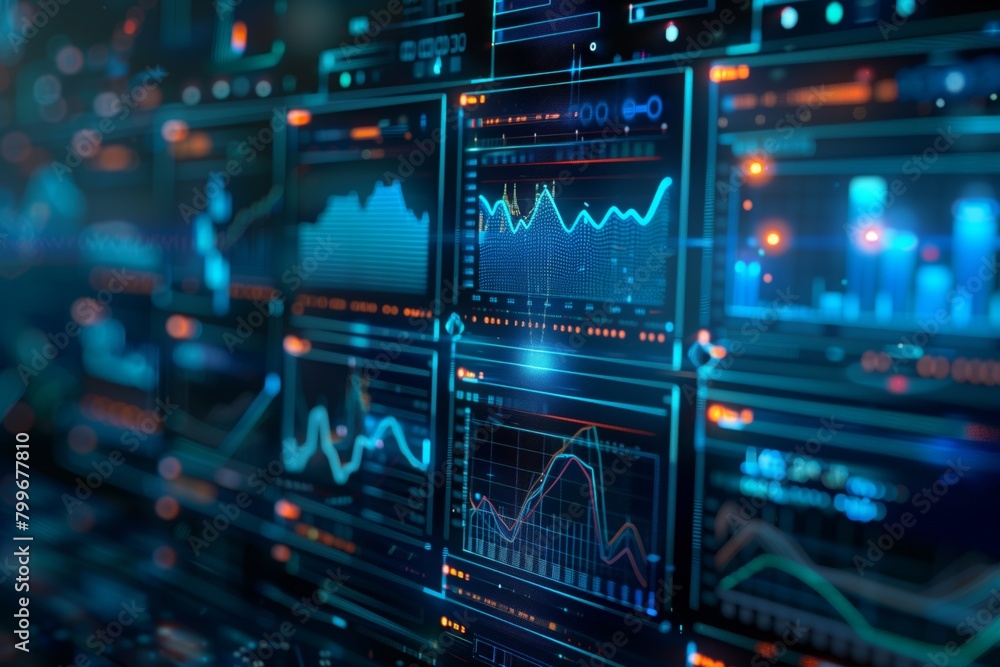 In-Depth Financial Data Analysis on Digital Screens. Detailed view of digital screens showcasing various financial graphs and data, symbolizing in-depth market analysis and trading.