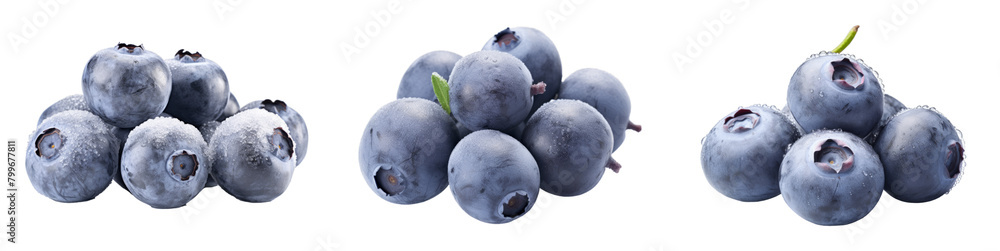 Obraz premium Collection of Frozen Blueberries isolated on transparent png background. Generative ai