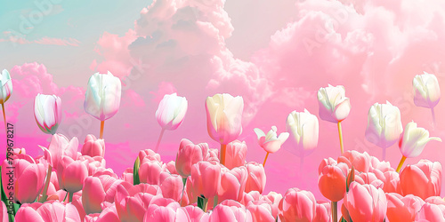 Illustration of spring pink tulips field. Natural landscape #799678217