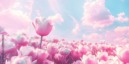 Illustration of big pink tulips field. Natural spring landscape banner #799678230