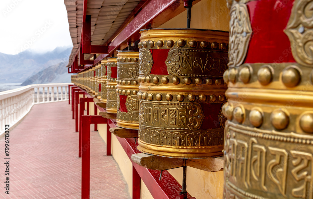Fototapeta premium Prayer wheels at the Diskit Buddhist Monastery in the Nubra Valley in northern India