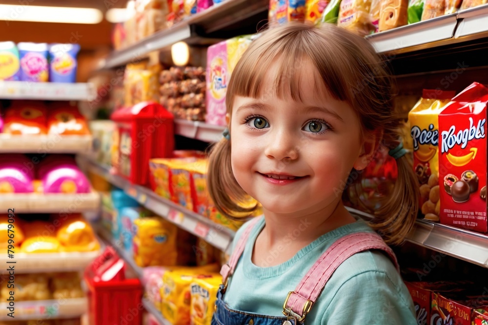 Happy little girl buying candy and sweets snacks shopping at the store