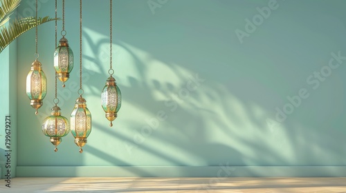 a group of Ramadan lanterns hanging on the left side on an empty orange background, in the style of light green and light gold