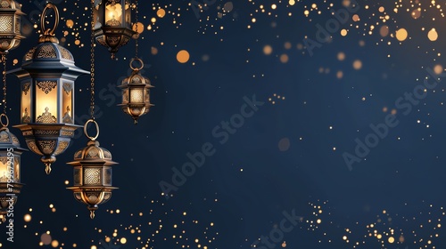 a group of Ramadan lanterns hanging on the left side on an empty orange background  in the style of light navy and light gold