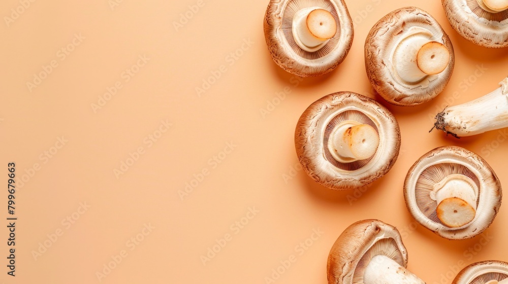 Flat lay white mushroom organic natural vegetable copy space isolated Flat lay white mushroom organic natural vegetable copy space isolated
