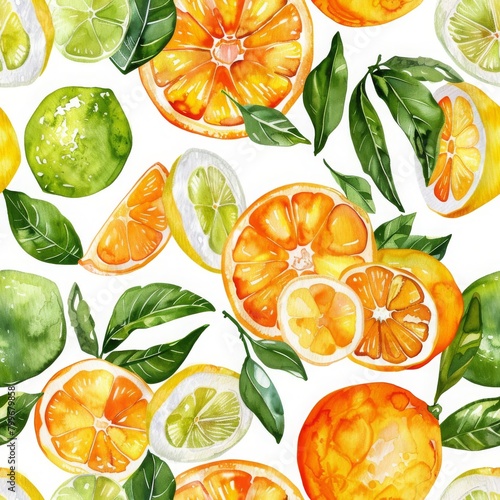 A watercolor painting of a variety of citrus fruits.